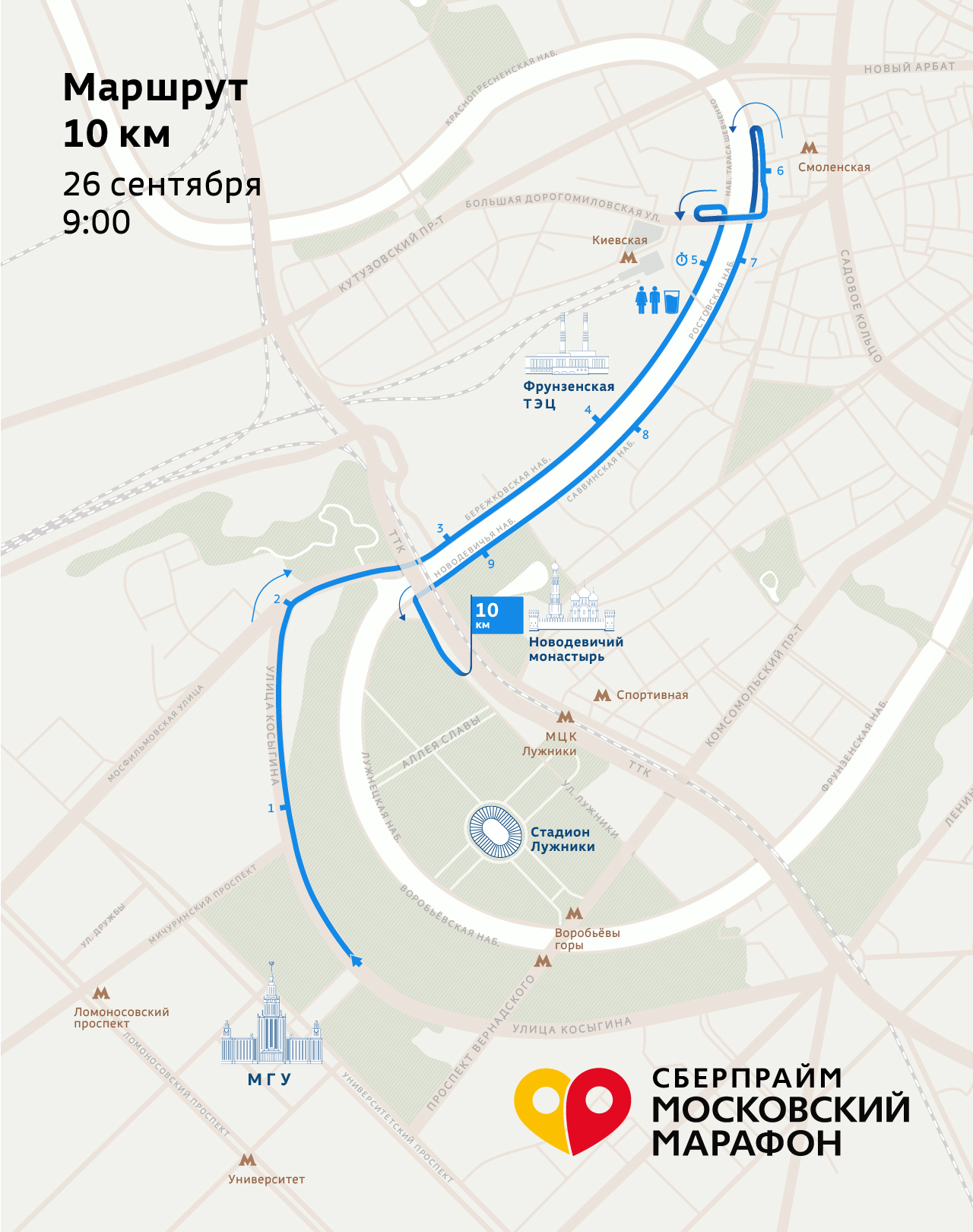 Схема трассы дистанции 10 км СберПрайм Московского Марафона 2026