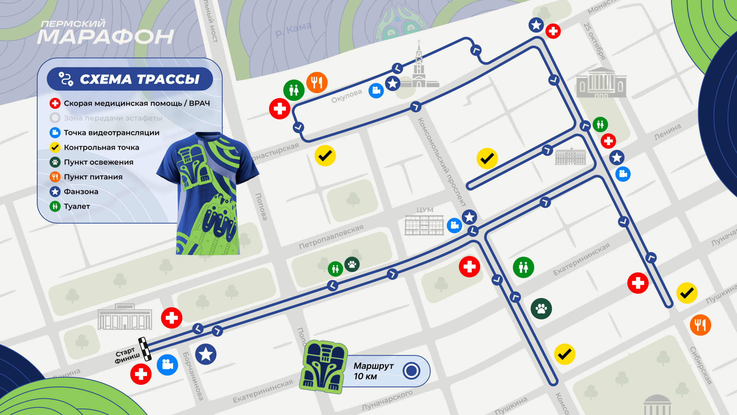 Схема трассы 10 км Пермского марафона 2026