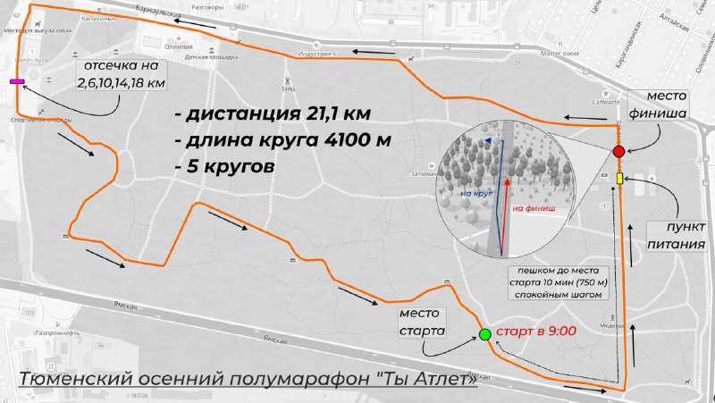 Схема трассы Тюменского осеннего полумарафона «Ты Атлет»: круг 4100 м, 5 кругов